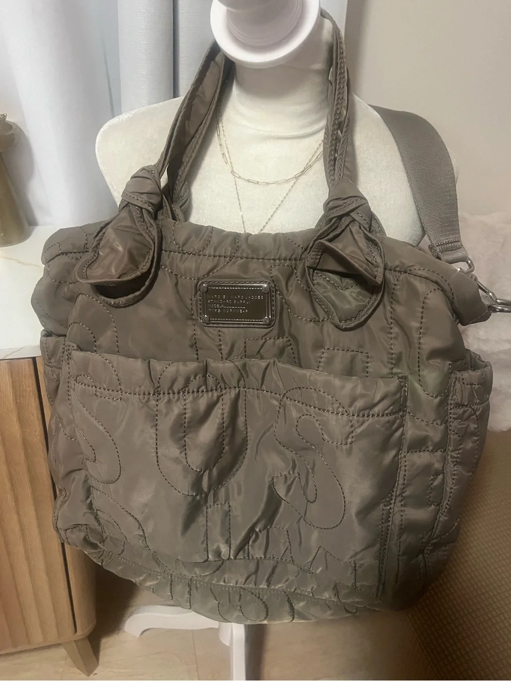 Marc Jacob’s Quilted Nylon Diaper Bag Tote Bag in Taupe color